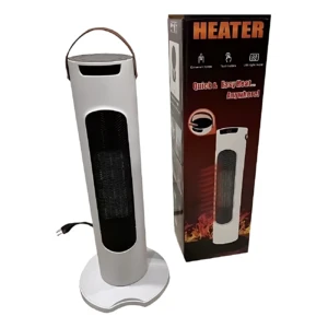 Calentador eléctrico portátil blanco con base redonda y asa superior, junto a su caja de cartón con del producto y texto en inglés.