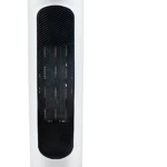 Calentador eléctrico portátil blanco con asa de cuero, diseño cilíndrico y rejilla frontal oscura.