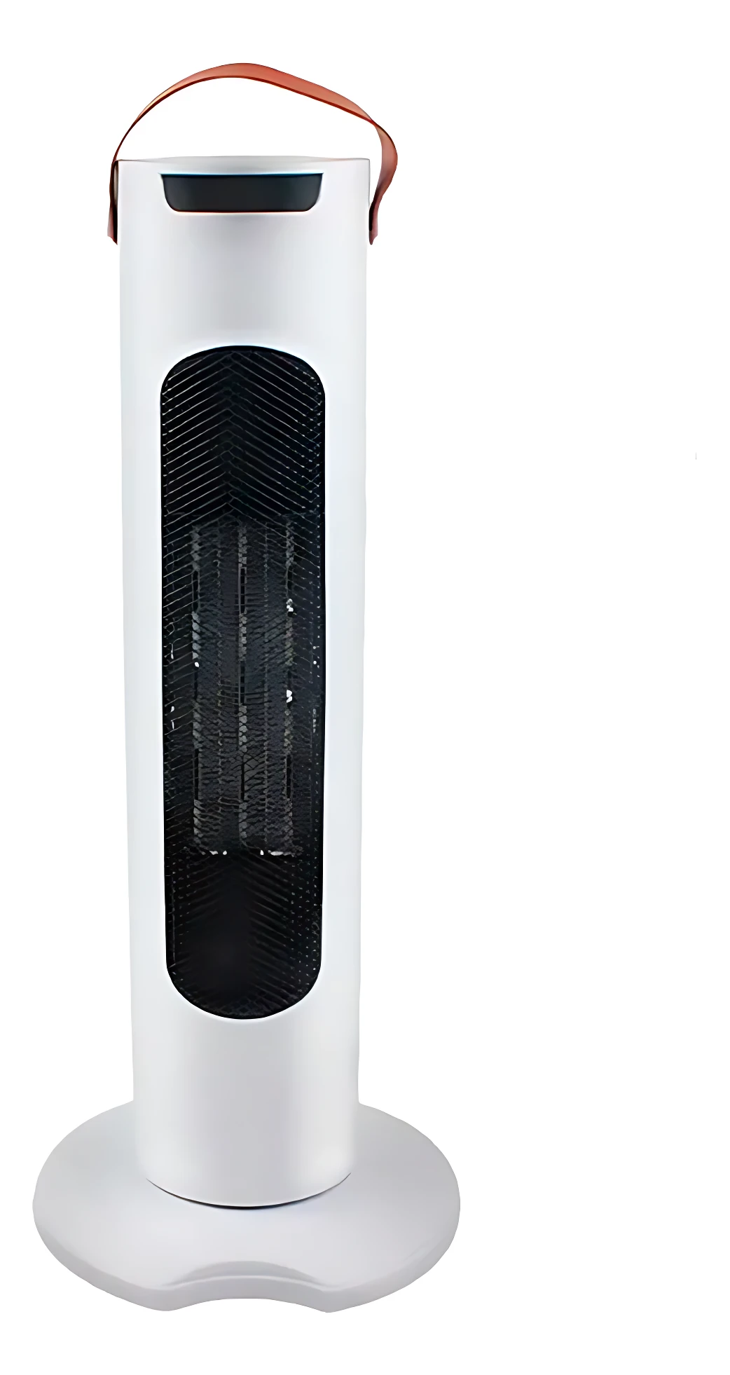 Calentador eléctrico portátil blanco con asa de cuero, diseño cilíndrico y rejilla frontal oscura.