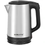 Hervidor eléctrico Sokany SK-2519 de acero inoxidable con tapa negra y mango ergonómico, diseñado para uso doméstico u oficina.