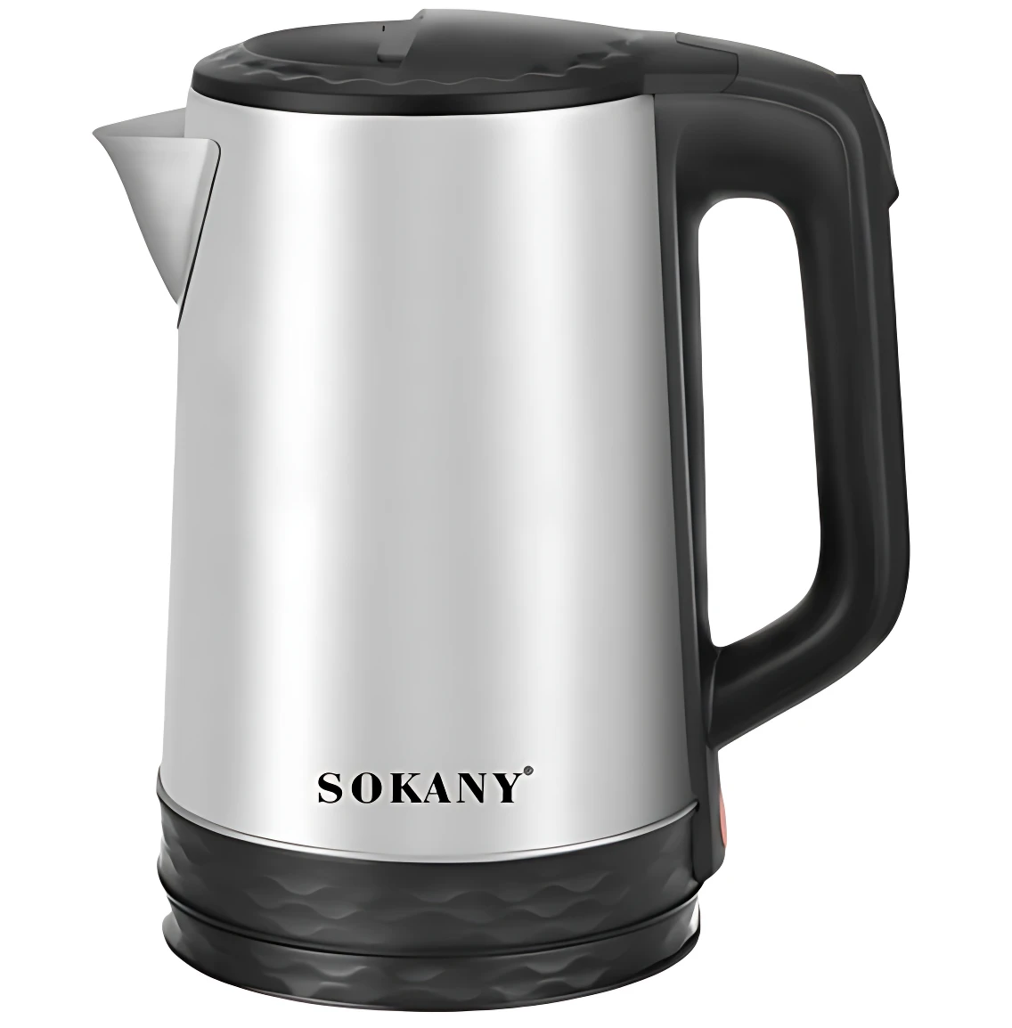 Hervidor eléctrico Sokany SK-2519 de acero inoxidable con tapa negra y mango ergonómico, diseñado para uso doméstico u oficina.