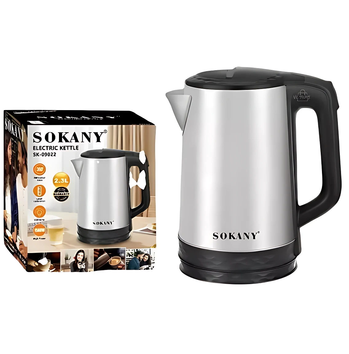 Hervidor eléctrico Sokany SK-2519 de acero inoxidable con mango negro, base negra y capacidad de 2.5 litros, mostrado junto a su caja original.