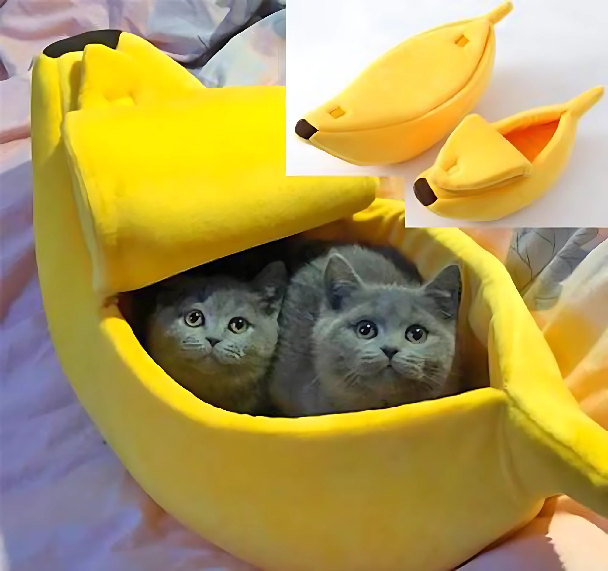 Cama en forma de banano amarilla con dos gatos gris dentro, mostrando interior acolchado y diseño de fruta realista.