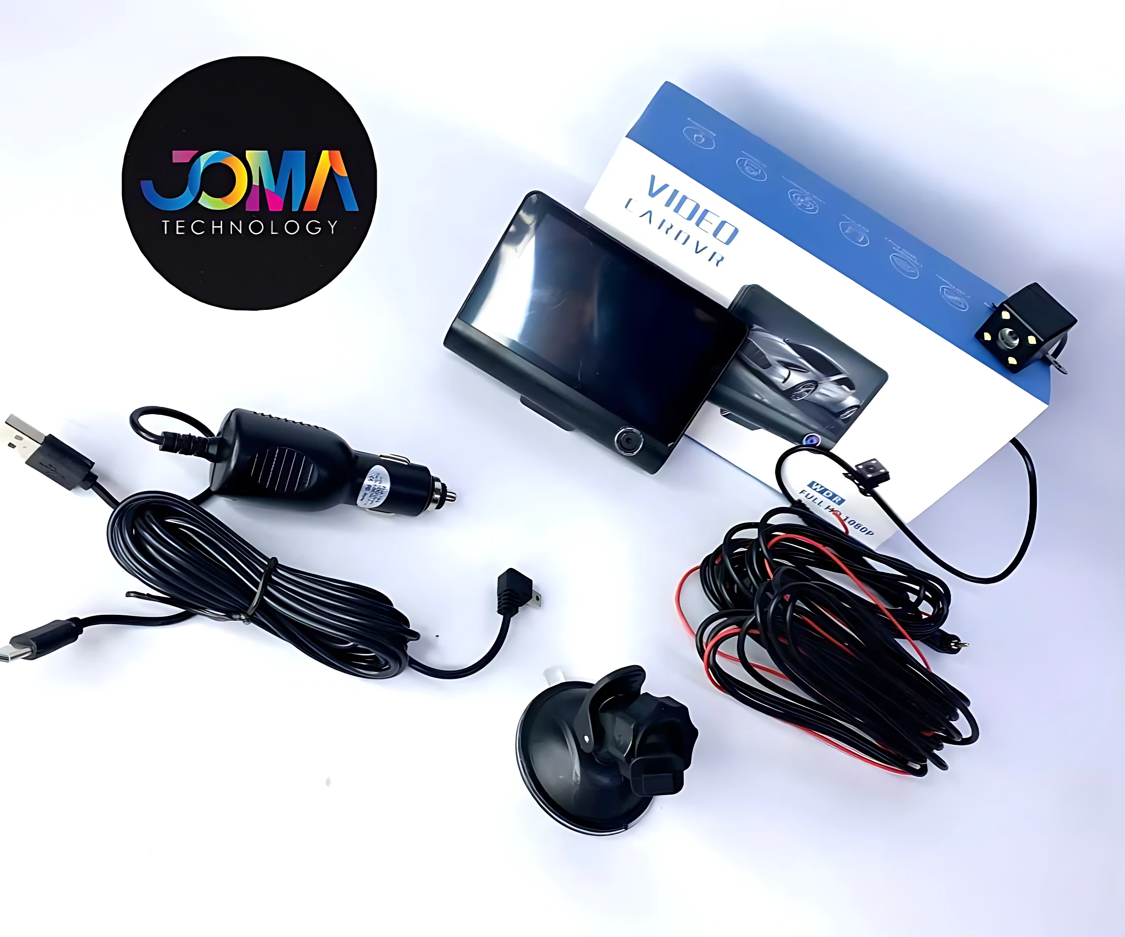 Kit de cámara de seguridad para automóvil con monitor integrado, cable de alimentación, adhesivo y caja de presentación.