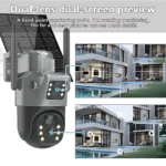 Cámara de vigilancia 4G con panel solar, vista frontal mostrando lentes dobles, luces infrarrojas y antenas, junto a ejemplos de monitoreo remoto de propiedad con piscina y arquitectura moderna.