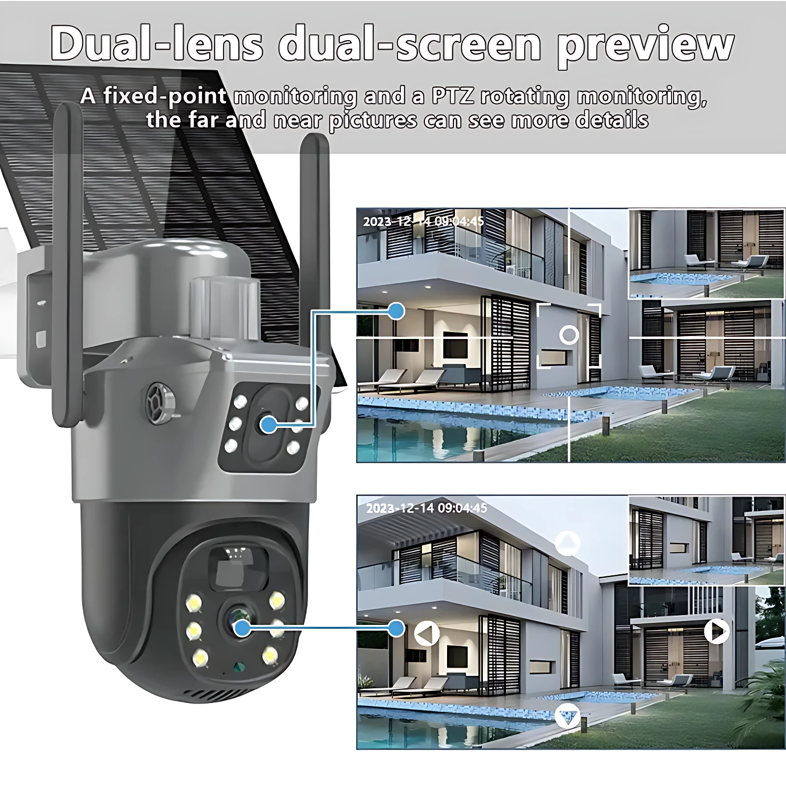 Cámara de vigilancia 4G con panel solar, vista frontal mostrando lentes dobles, luces infrarrojas y antenas, junto a ejemplos de monitoreo remoto de propiedad con piscina y arquitectura moderna.