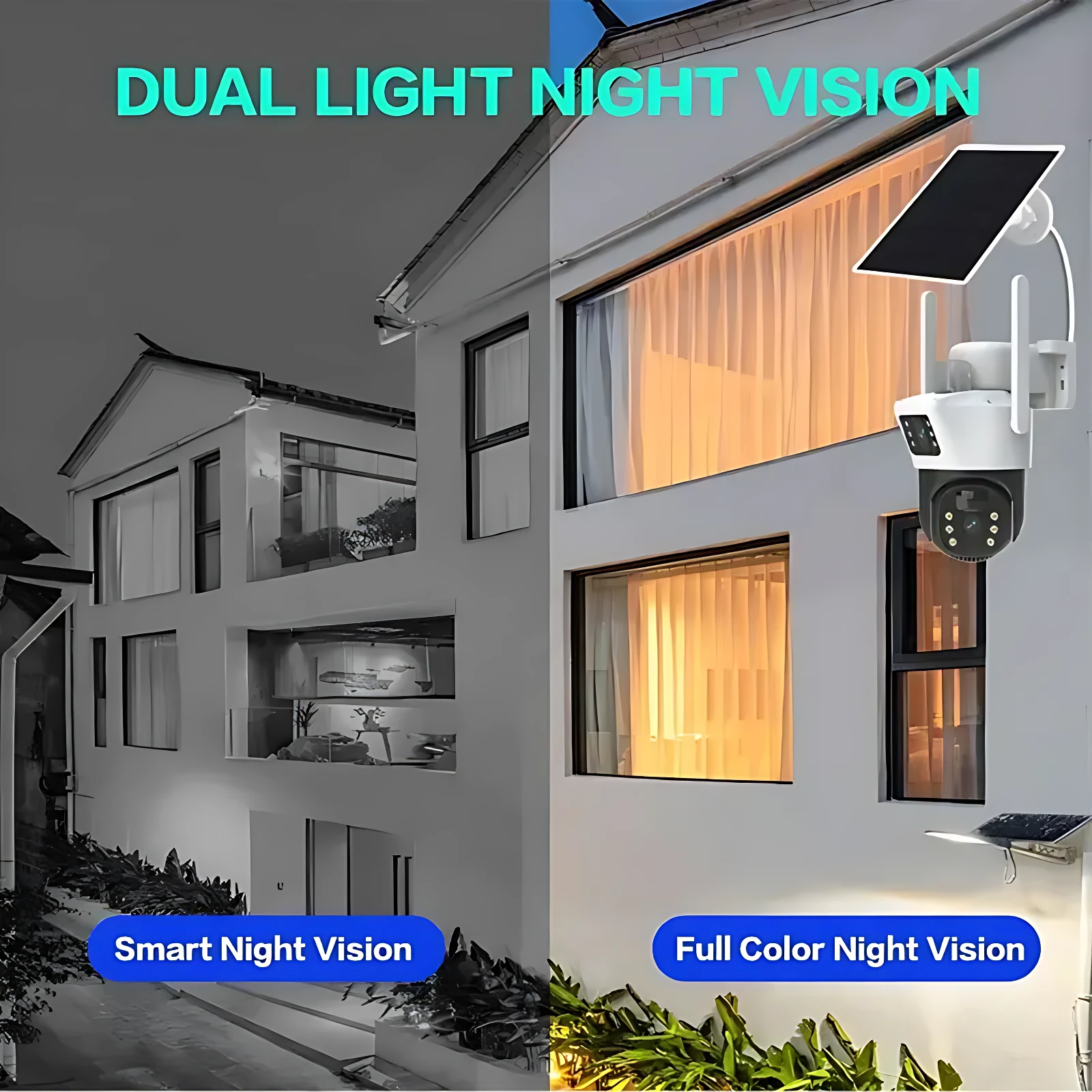 Cámara de vigilancia 4G con panel solar, mostrando visión nocturna en blanco y negro y color, montada en fachada de casa moderna.