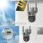 Cámara de vigilancia 4G con panel solar y puerto USB, montada en pared blanca bajo luz solar.