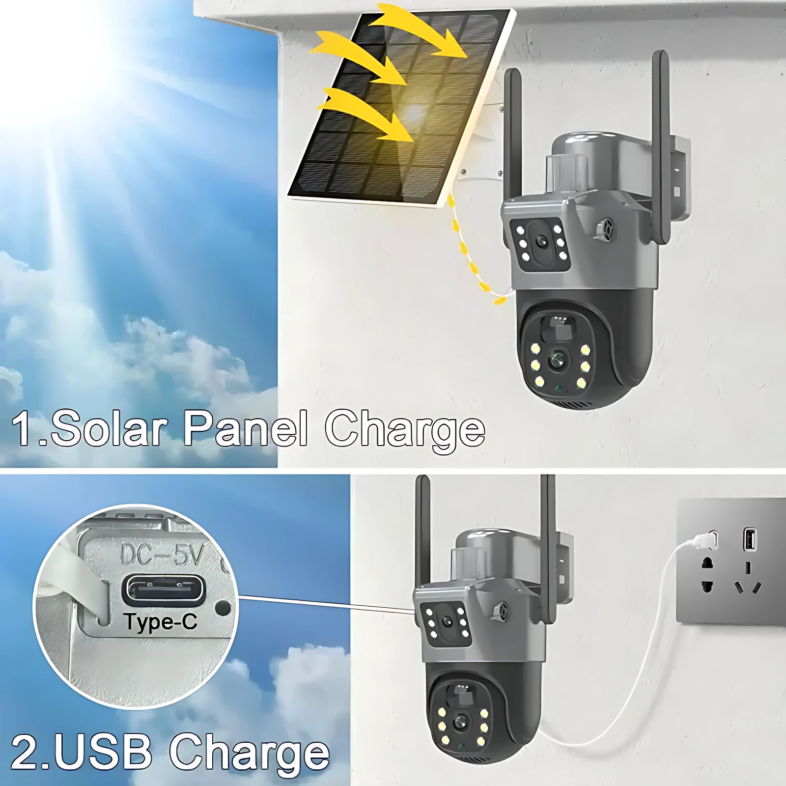 Cámara de vigilancia 4G con panel solar y puerto USB, montada en pared blanca bajo luz solar.