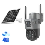 Cámara de vigilancia 4G con panel solar, diseño gris con antenas, lentes y luces LED visibles, ideal para monitoreo remoto sin cables.