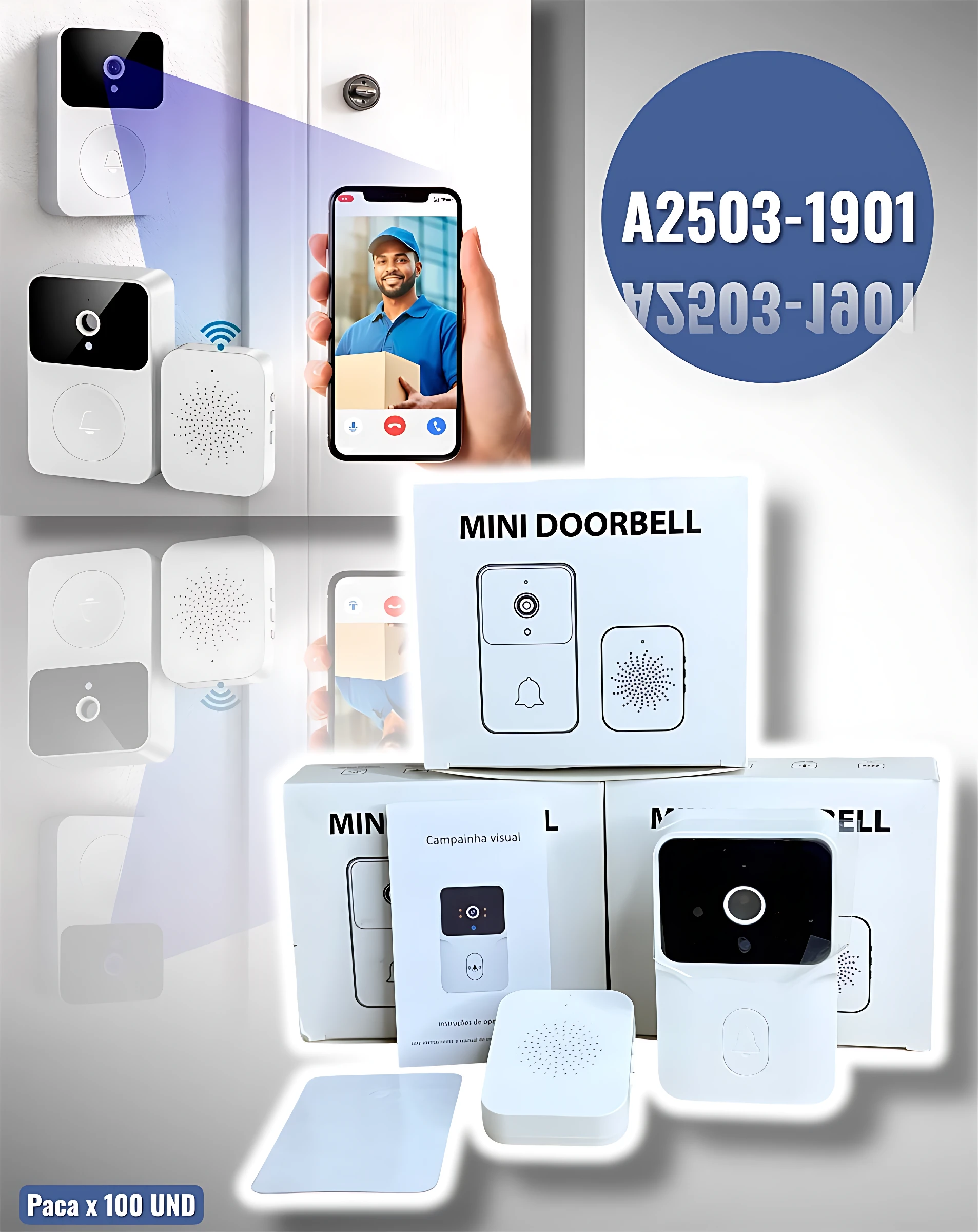 Cámara con timbre inalámbrico blanco, mostrando caja de presentación, dispositivo principal, botón de llamada y app móvil con notificación de visita.