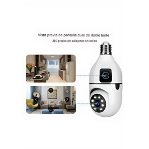 Cámara de seguridad en forma de bombilla blanca con doble lente y visión 360 grados, mostrando vistas de cocina y sala de estar.