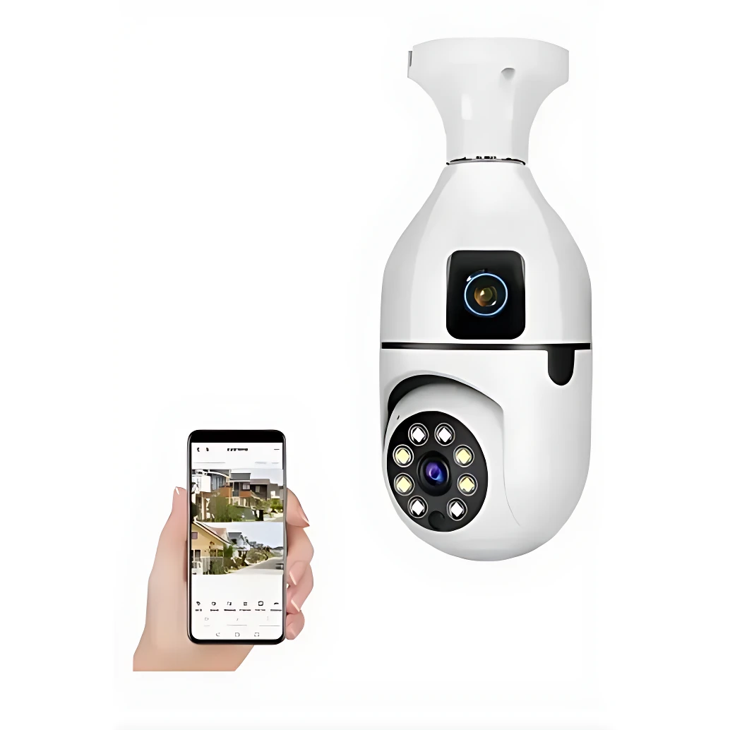 Cámara de seguridad en forma de bombilla blanca con lente frontal y array de luces infrarrojas, mostrando vista en pantalla de smartphone con múltiples ángulos de monitoreo.