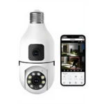 Cámara de seguridad en forma de bombilla blanca con lente frontal y luces LED inferiores, mostrada junto a su aplicación móvil en pantalla.
