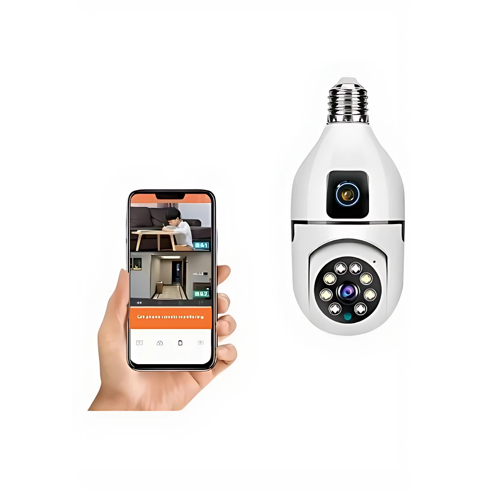 Cámara de seguridad en forma de bombilla blanca con lente frontal y anillo de luces infrarrojas, mostrada junto a un smartphone que visualiza su interfaz de control remoto.