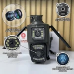 Cámara de seguridad V380 Pro con doble lente PTZ, diseño negro, luces LED frontales y antenas laterales, destacando su sistema de visión nocturna y detección de movimiento.
