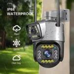 Cámara de seguridad V380 Pro con doble lente PTZ, color gris metálico, montada en pared exterior bajo lluvia, con iconos que indican resistencia a lluvia, nieve y calor.