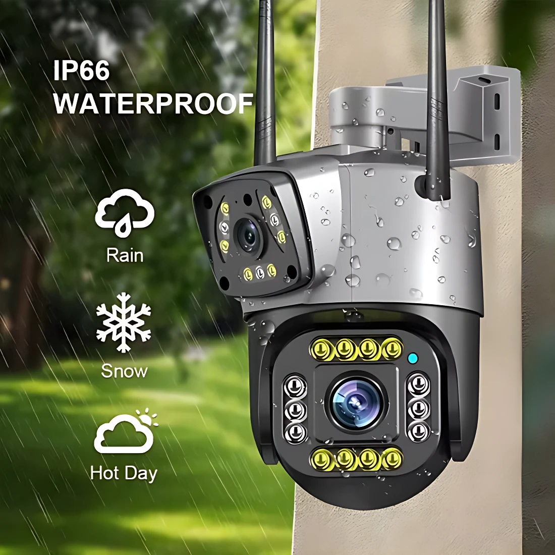 Cámara de seguridad V380 Pro con doble lente PTZ, color gris metálico, montada en pared exterior bajo lluvia, con iconos que indican resistencia a lluvia, nieve y calor.