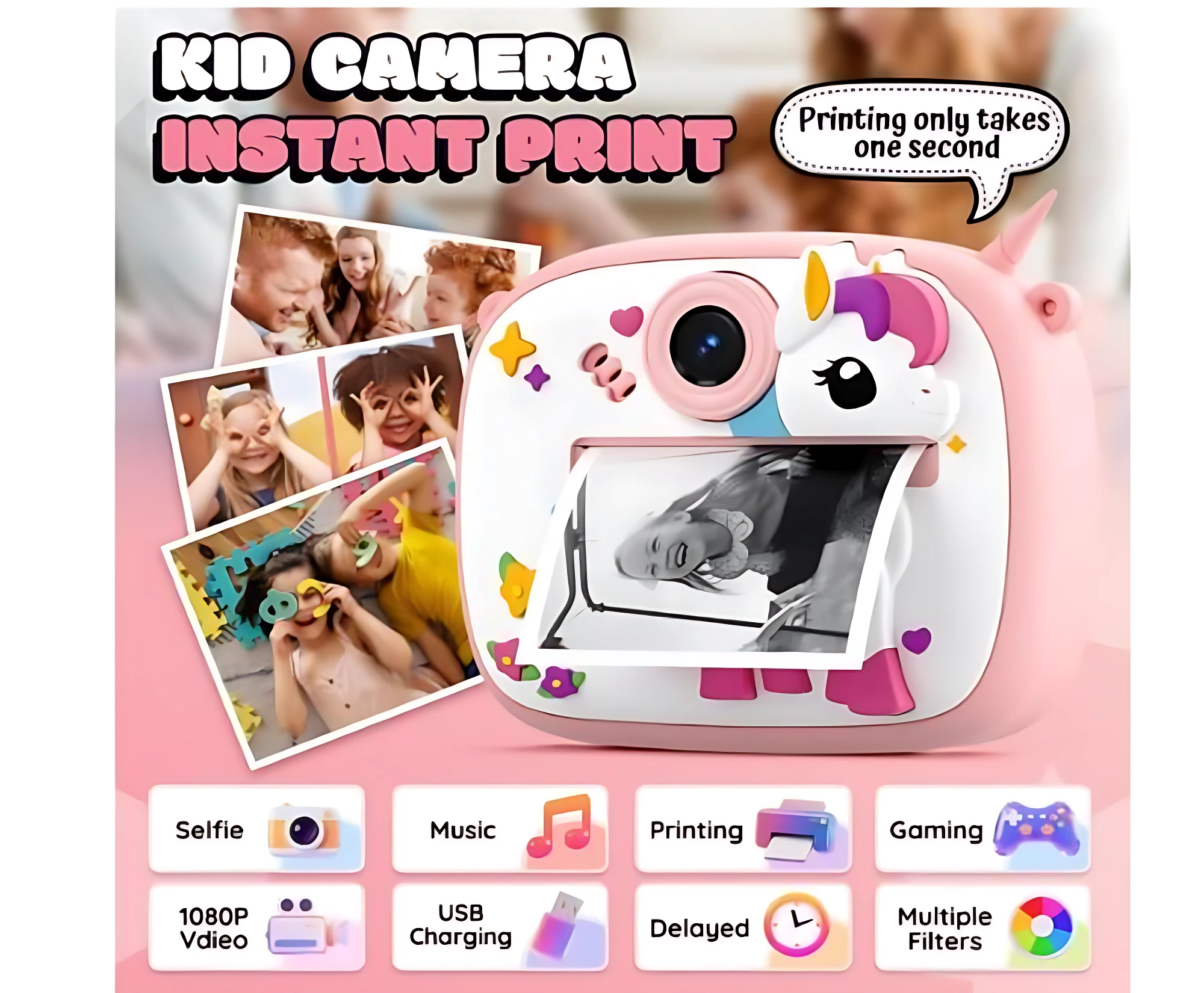 Cámara instantánea para niños en rosa con diseño de unicornio, incluye impresión de fotos, video 1080P, música y juegos