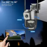Cámara de seguridad WiFi doble lente con visión panorámica 360 y control remoto por app, ideal para monitoreo sin puntos ciegos.