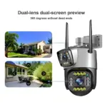 Cámara de seguridad WiFi doble lente con antenas, pantalla dividida mostrando vista frontal y trasera de casa, visión 360 sin puntos ciegos.