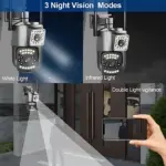 Cámara de seguridad WiFi con doble lente y tres modos de visión nocturna: luz blanca, infrarroja y doble iluminación, mostrando su funcionamiento en exteriores y control remoto vía smartphone.