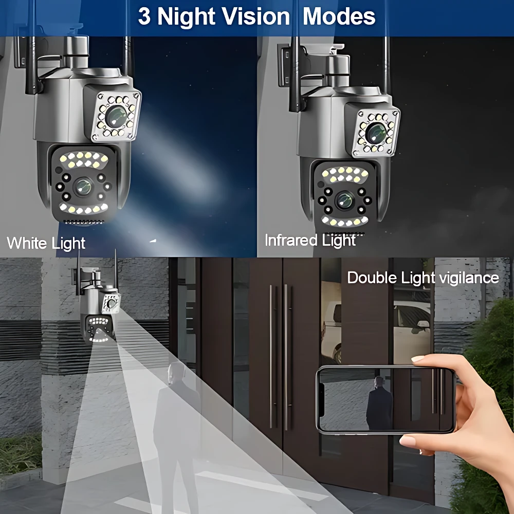 Cámara de seguridad WiFi con doble lente y tres modos de visión nocturna: luz blanca, infrarroja y doble iluminación, mostrando su funcionamiento en exteriores y control remoto vía smartphone.