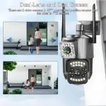 Cámara de seguridad WiFi doble lente en color gris metálico, con dos antenas y luces LED circulares. Muestra pantalla dividida con vista frontal y PTZ, ideal para monitoreo 360 sin puntos ciegos.