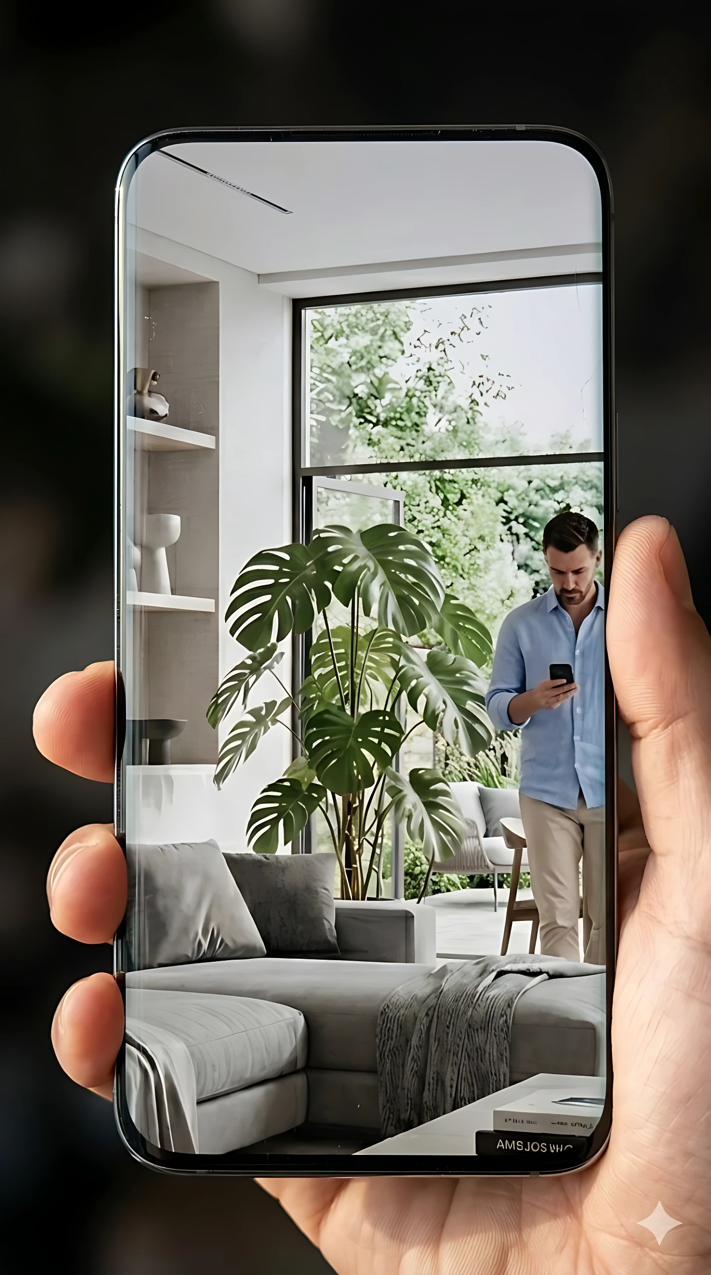 Pantalla de smartphone mostrando vista en vivo de cámara Imou Ranger 2: sala con sofá gris, planta grande y hombre usando el móvil.