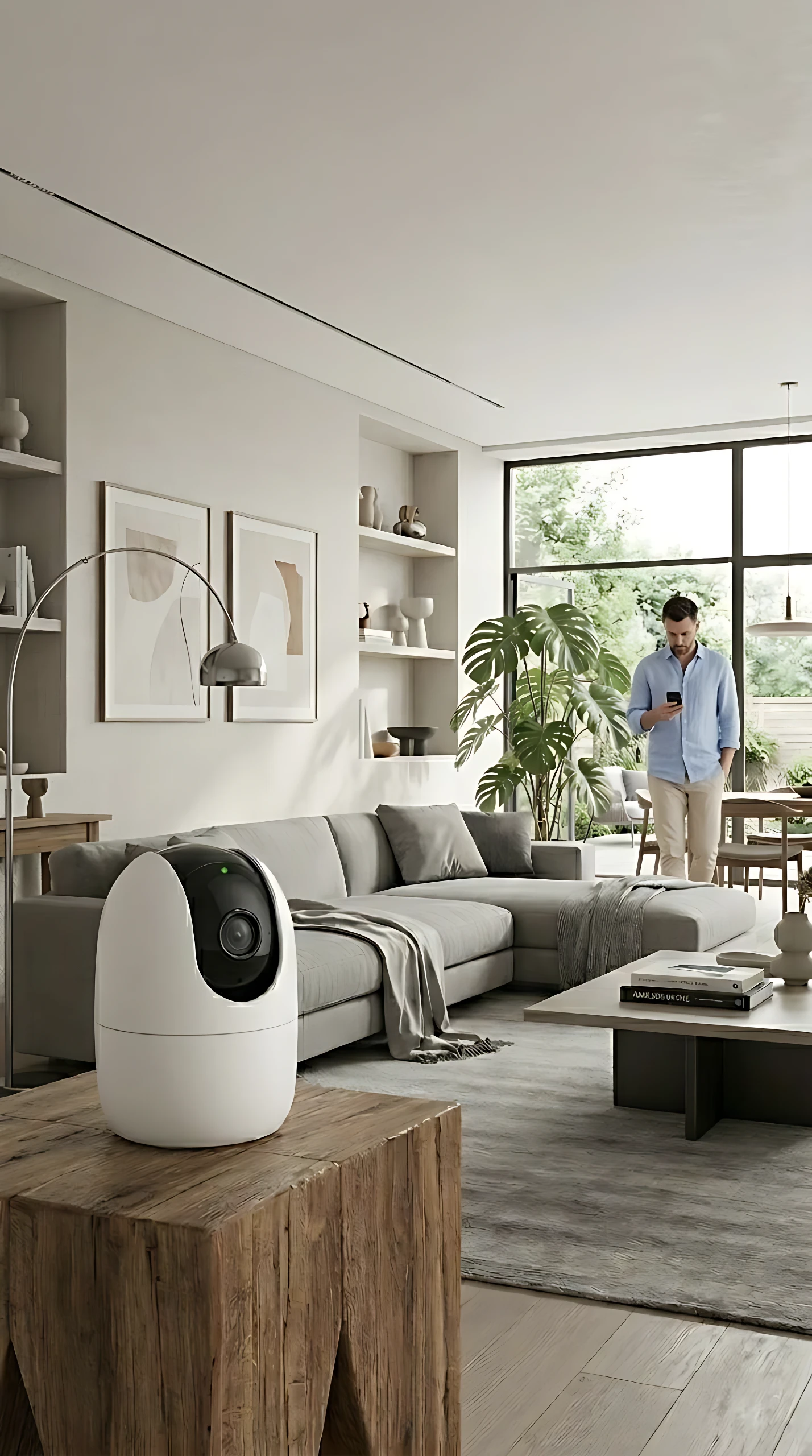 Cámara de seguridad Imou Ranger 2 en color blanco, sobre mueble de madera rústica en sala de estar moderna con sofá gris y grandes ventanales.