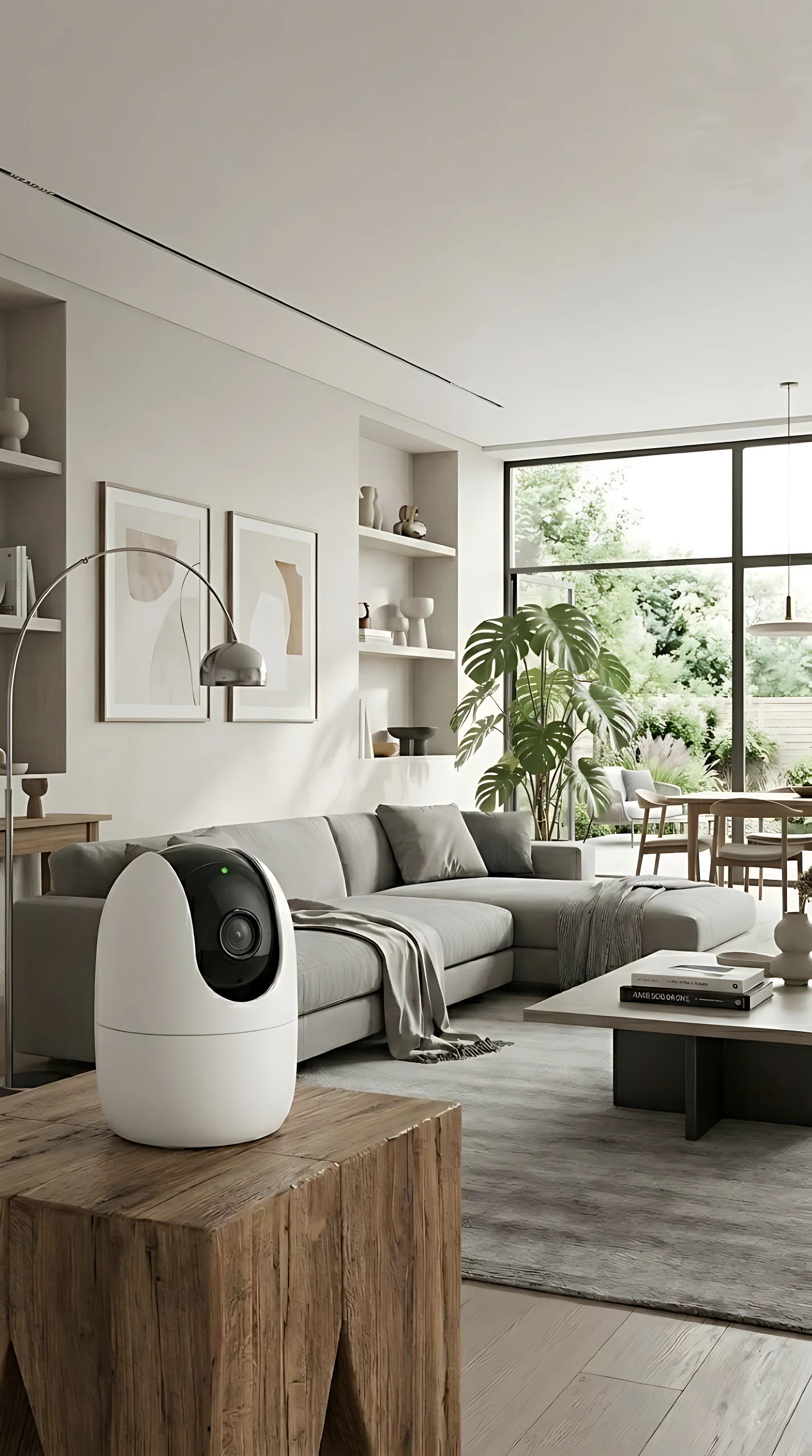 Cámara de seguridad Imou Ranger 2 blanca sobre mueble de madera en sala de estar moderna con sofá gris, plantas y ventana grande.