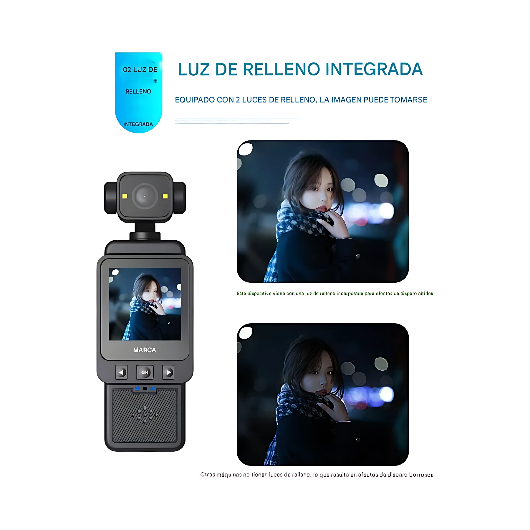 Cámara deportiva DV10 con pantalla táctil y luz de relleno integrada, mostrando ejemplo de grabación nocturna.