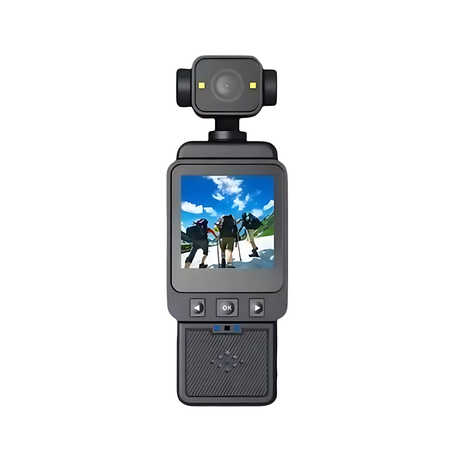 Cámara deportiva DV10 Full HD en color negro, con pantalla táctil mostrando escena de senderismo y módulo superior con lentes y sensores.