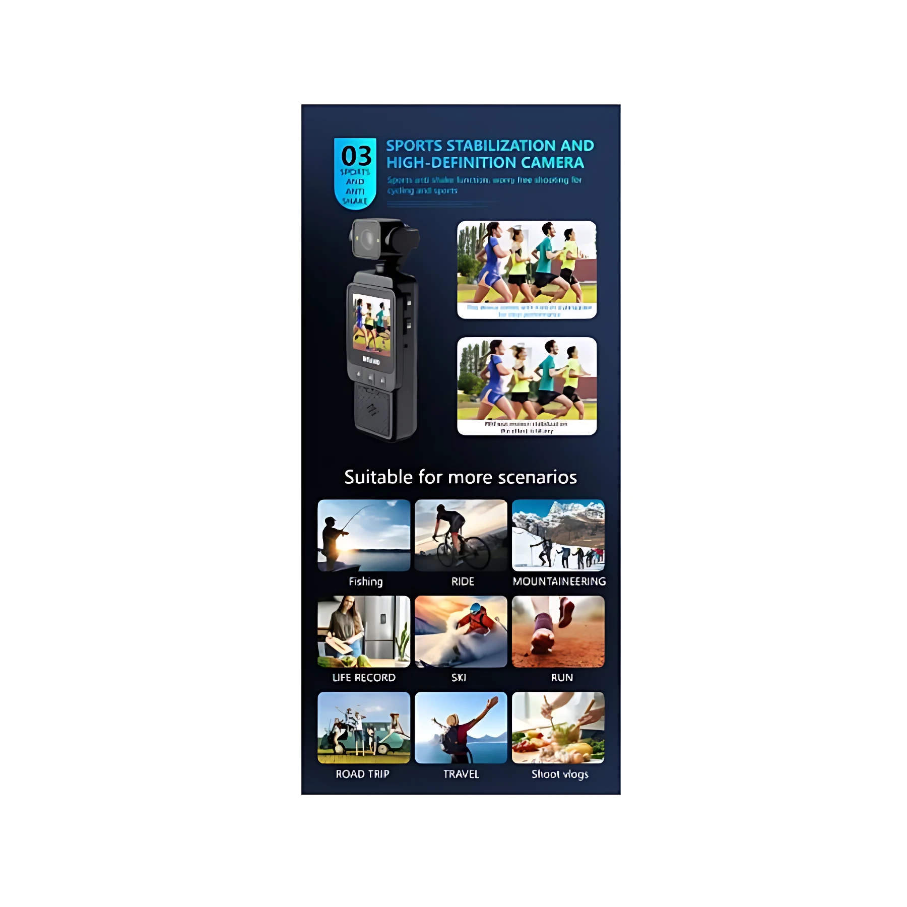 Cámara deportiva DV10 Full HD con WiFi, vista frontal mostrando pantalla táctil y lente. Incluye ejemplos de uso en exteriores: running, pesca, senderismo, surf, viaje y vlogs.