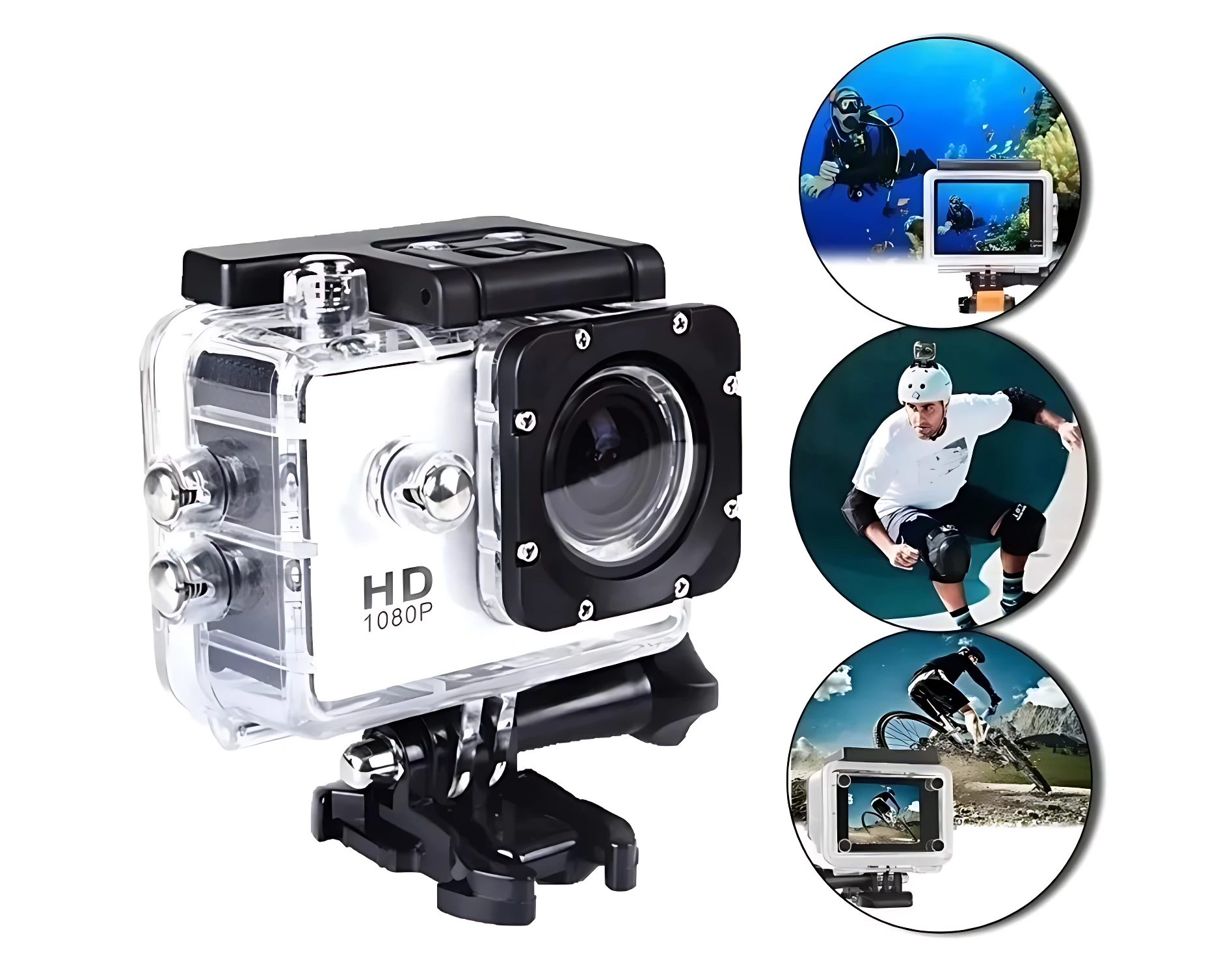 Cámara deportiva sumergible 1080P con pantalla LCD, carcasa transparente y montaje negro, mostrando uso en buceo, skate y ciclismo.