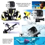 Cámara deportiva sumergible 1080P con pantalla LCD, mostrada en uso sobre casco de ciclismo, manillar de bicicleta y bajo el agua, con texto multilingüe y logotipo de resistencia al agua.