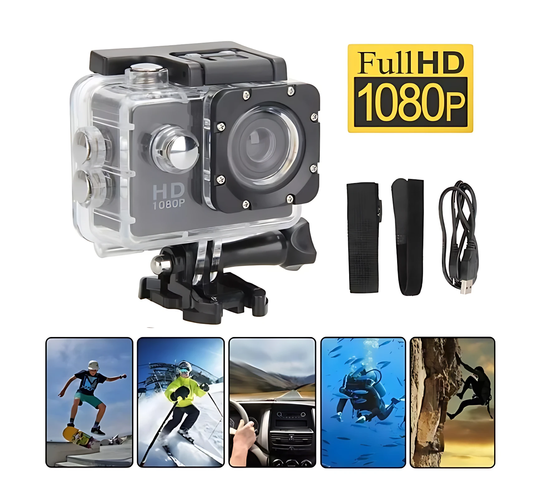 Cámara deportiva sumergible en carcasa transparente con pantalla frontal, accesorios incluidos: correa, soporte y cable USB. Incluye cinco escenas de uso: skate, esquí, conducción, buceo y escalada.