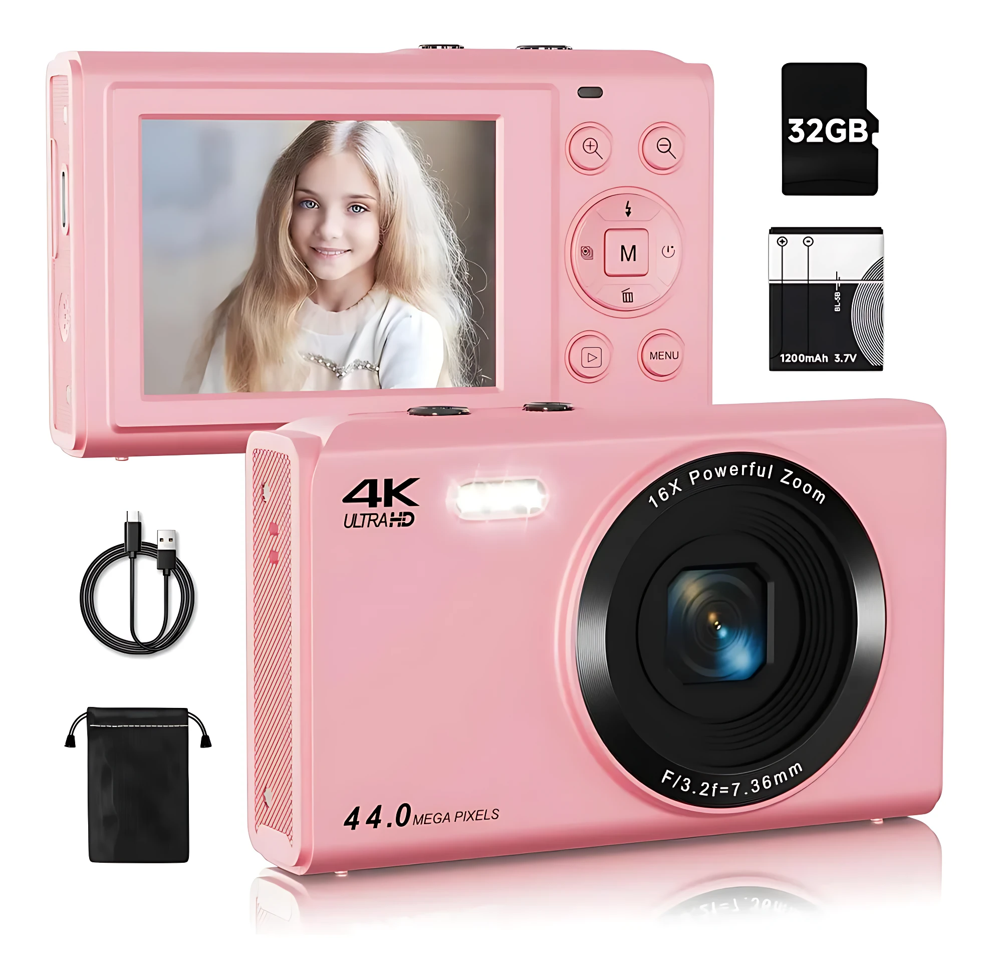 Cámara digital rosa con pantalla frontal, lente de 16x zoom y 44MP. Incluye tarjeta SD de 32GB, cable USB y estuche negro.
