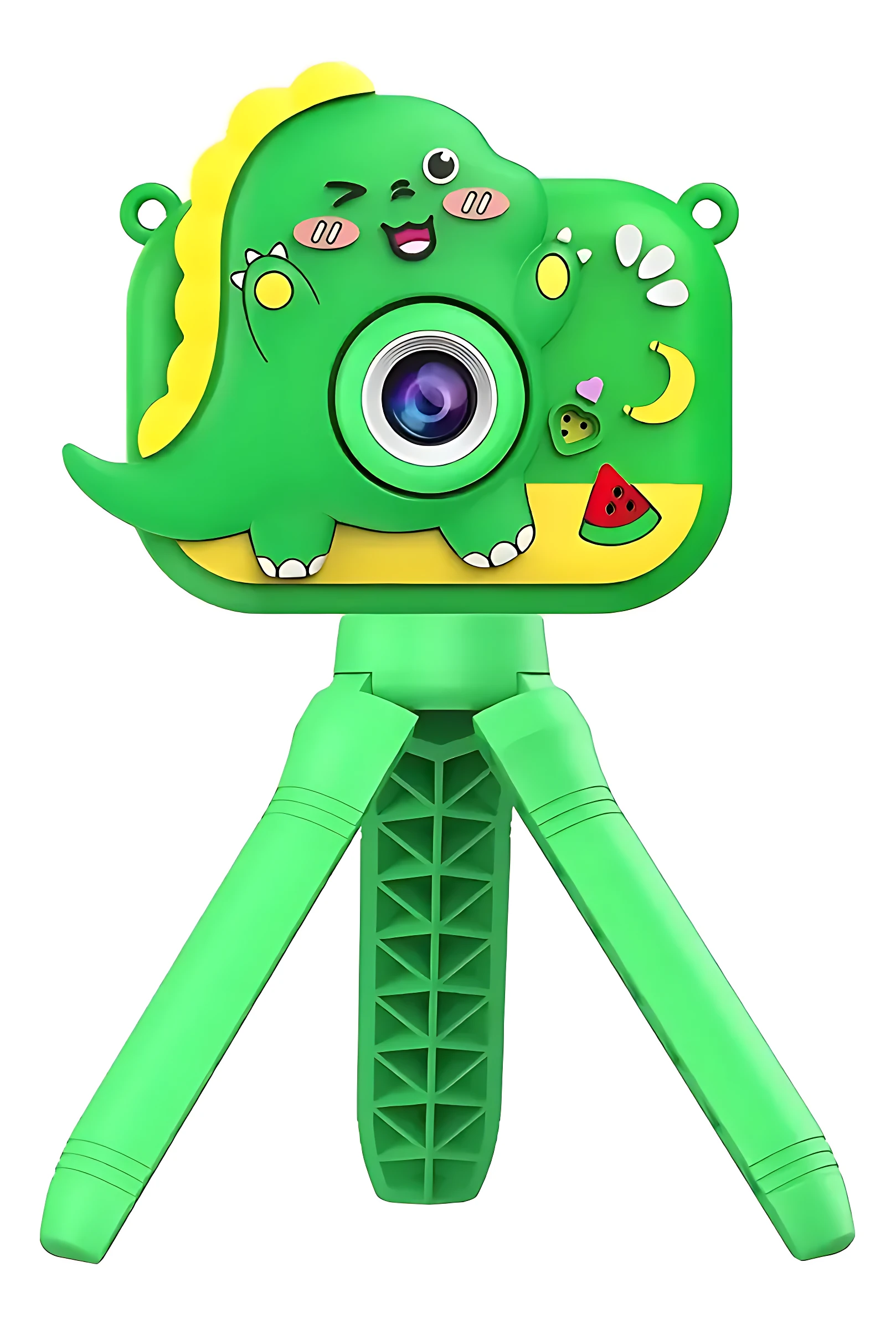 Cámara infantil verde con diseño de dinosaurio, trípode integrado y lente central visible.