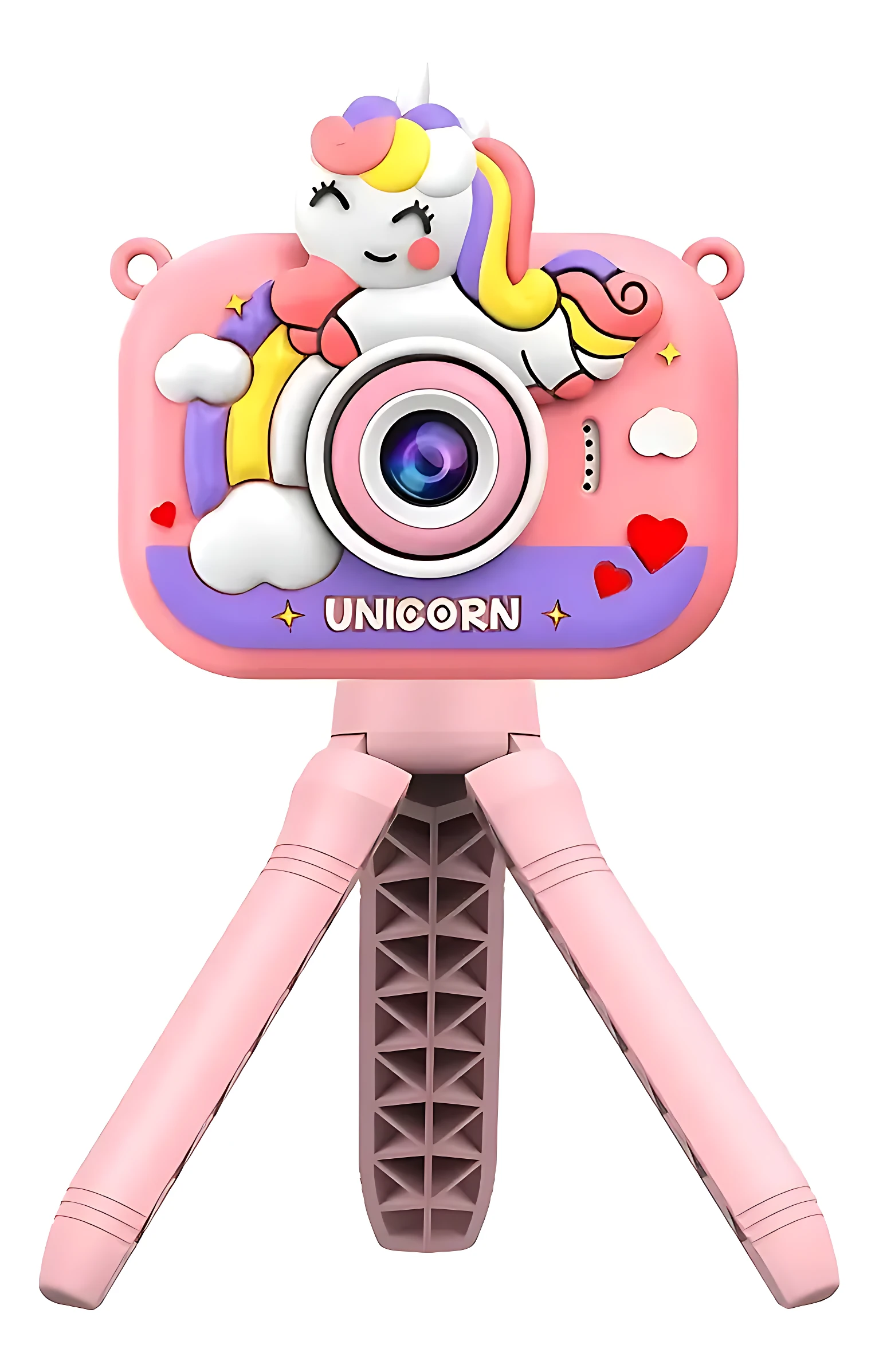 Cámara infantil rosa con diseño de unicornio, trípode integrado y lente central visible.