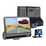 Cámara DVR para automóvil con pantalla táctil, lente frontal, cámara trasera y módulo de grabación interior.