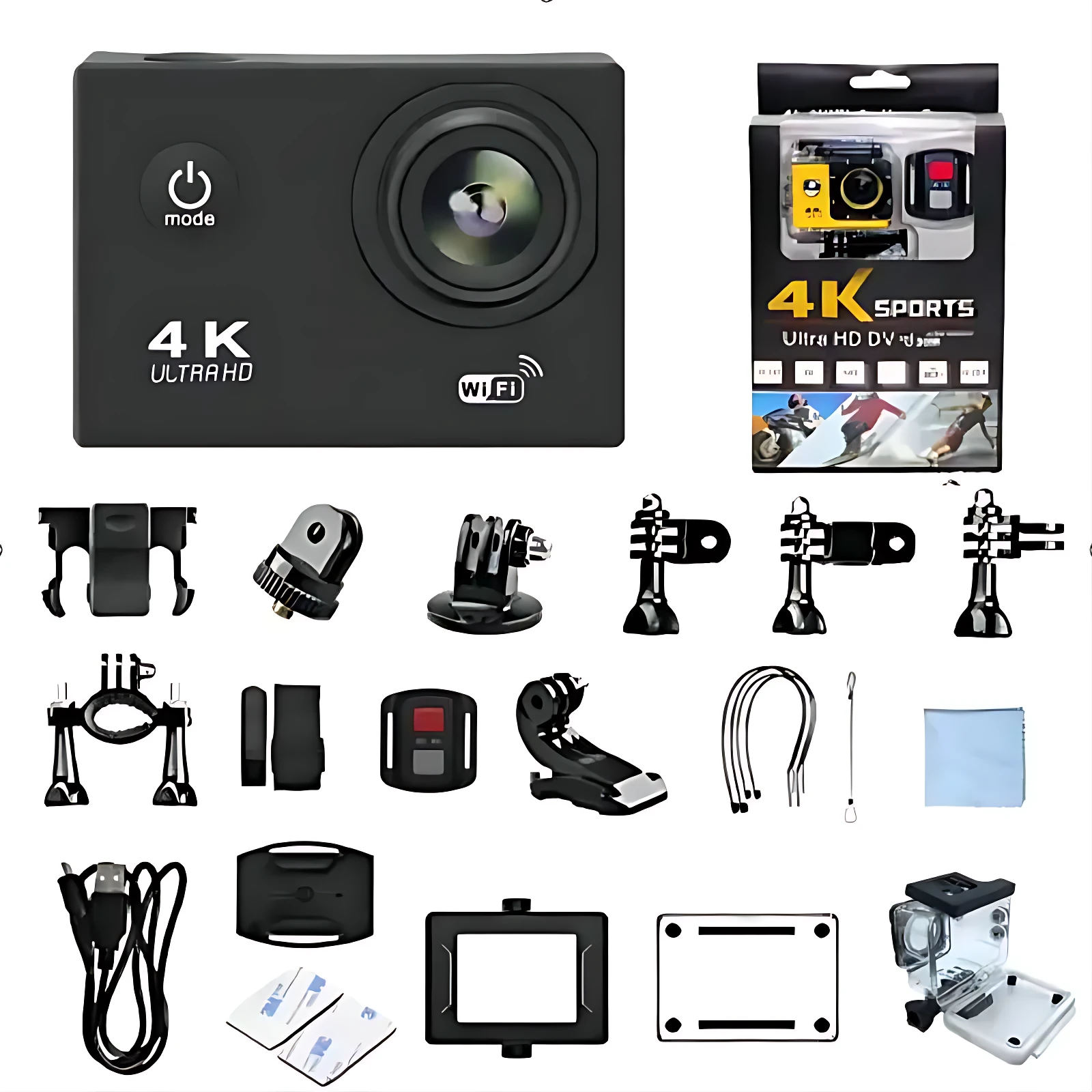 Cámara deportiva negra 4K con accesorios de montaje, cable USB, estuche y funda de protección.