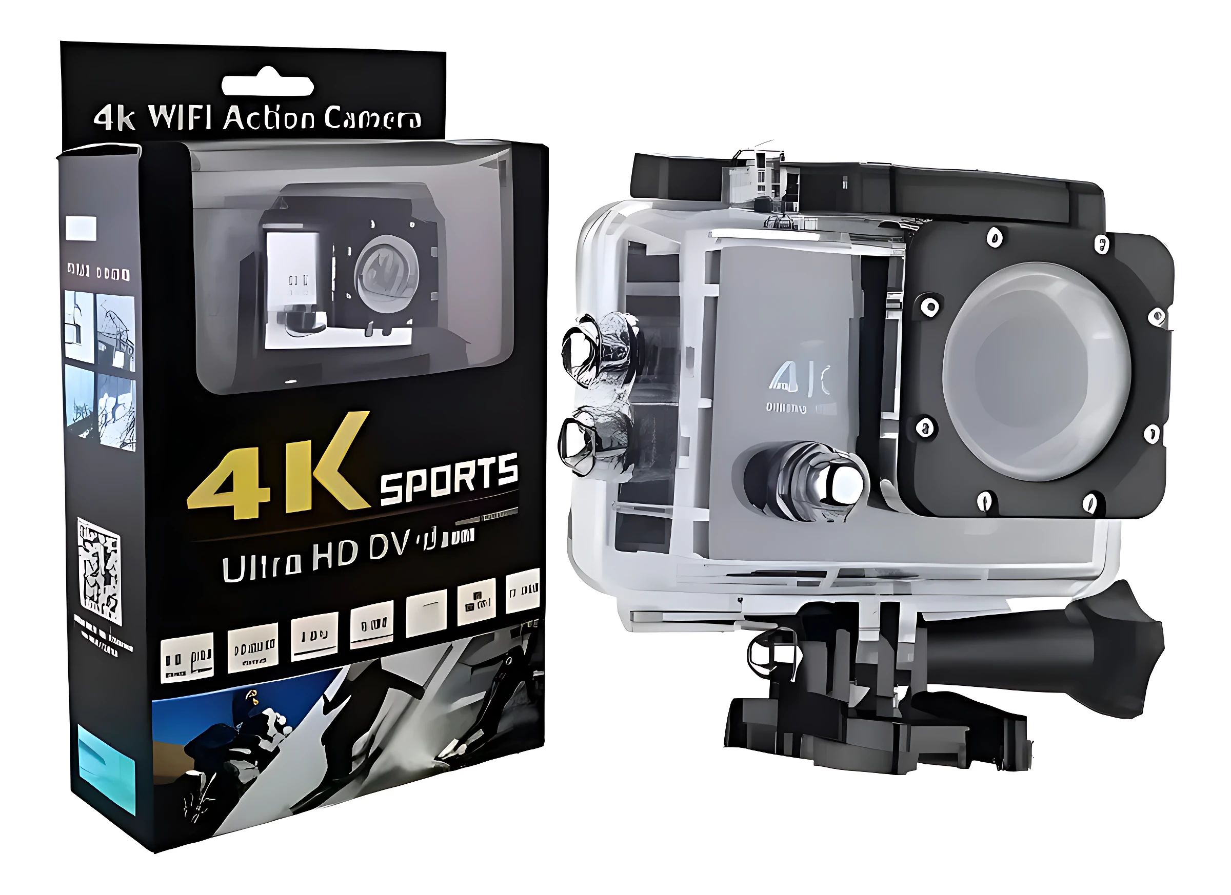 Cámara deportiva 4K en caja negra con visor transparente, junto a su carcasa de protección transparente con montura negra y accesorios de sujeción.