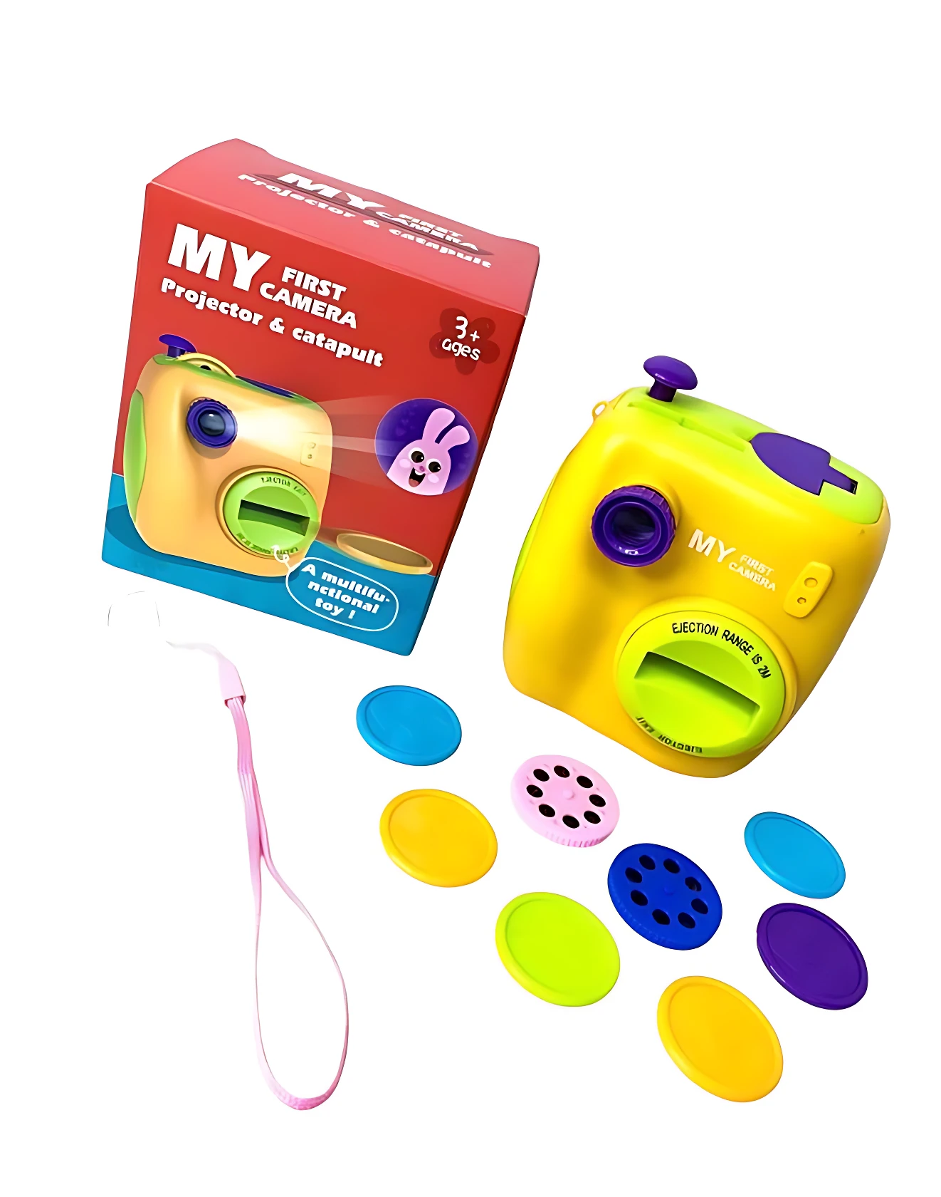 Cámara proyector y catapulta para niños en color amarillo, con accesorios incluidos: lentes intercambiables, correa y caja de presentación. Ideal para motricidad y creatividad.