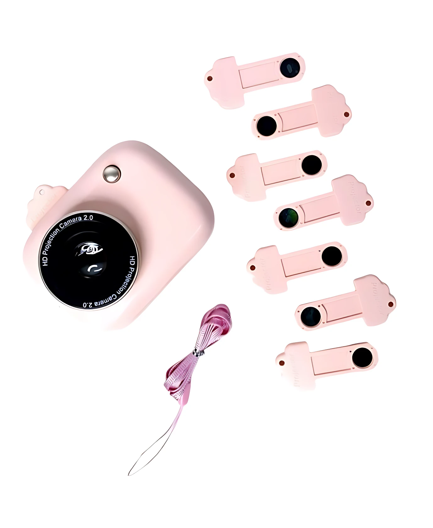 Cámara proyector infantil rosa con lente frontal y seis discos intercambiables en tonos pastel, junto a un cordón de seguridad.