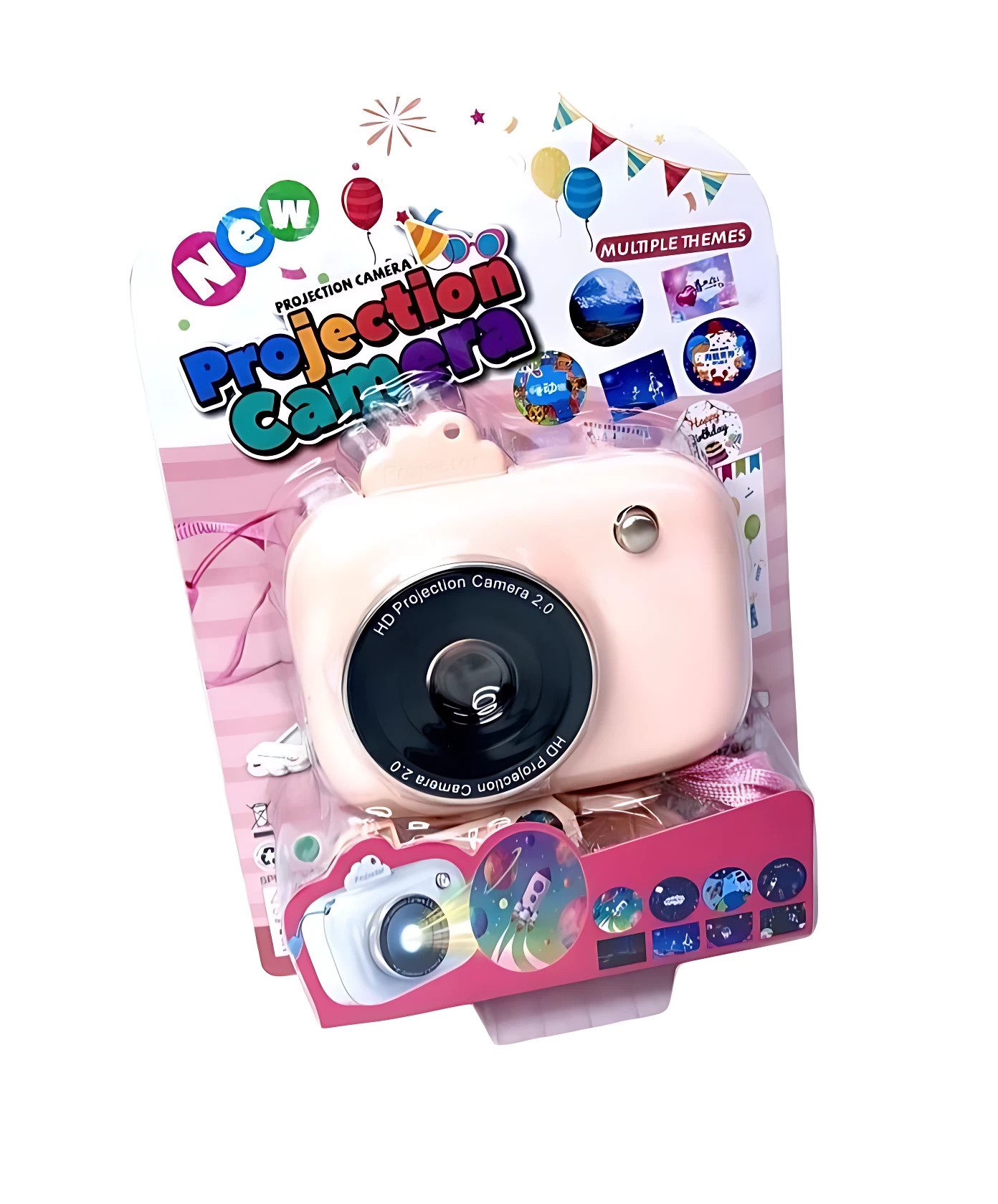 Cámara proyector infantil rosa en su empaque original, con discos intercambiables visibles y accesorios incluidos. Ideal para niños.