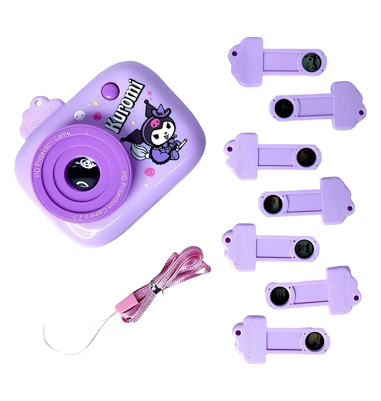 Cámara proyector infantil HD en color lila con diseño de personaje Kuromi, incluye seis discos intercambiables y correa de mano.