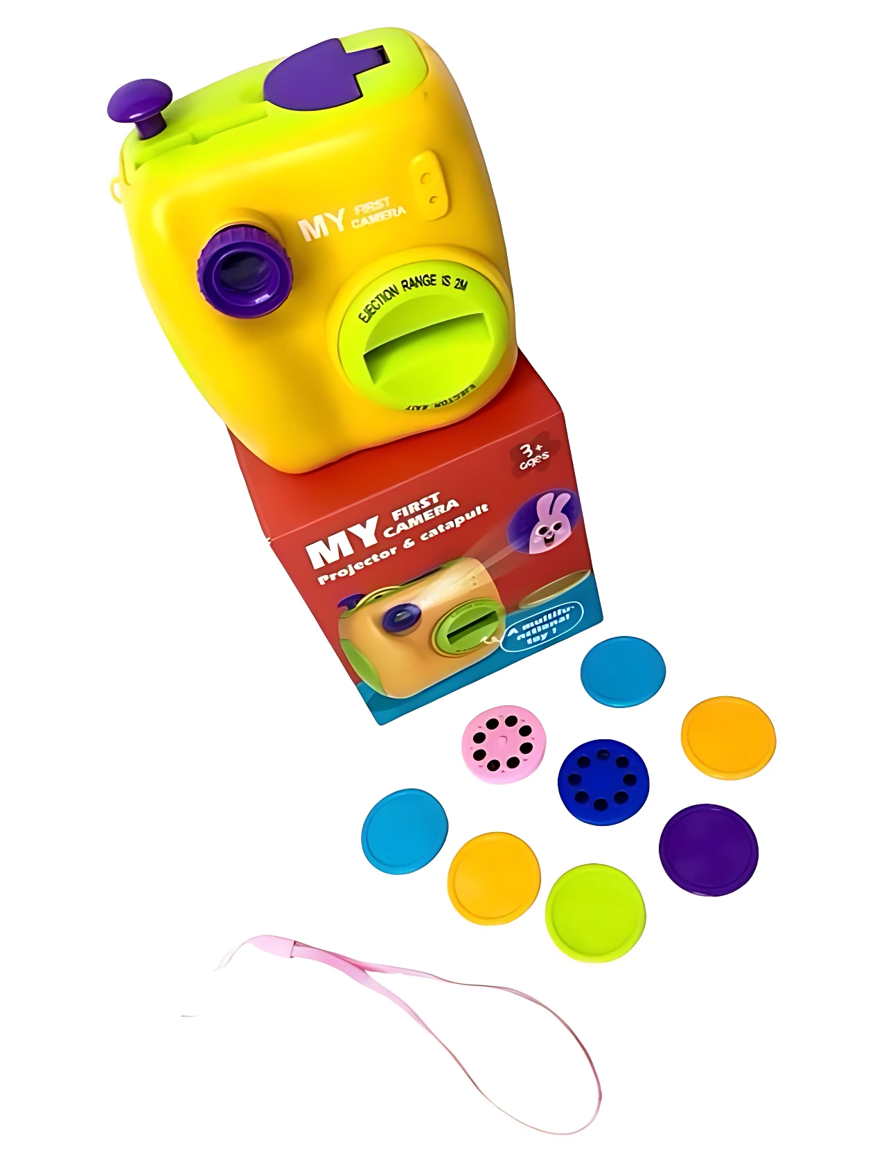 Cámara proyector y catapulta amarilla con accesorios multicolores, caja roja y correa rosa, ideal para niños.