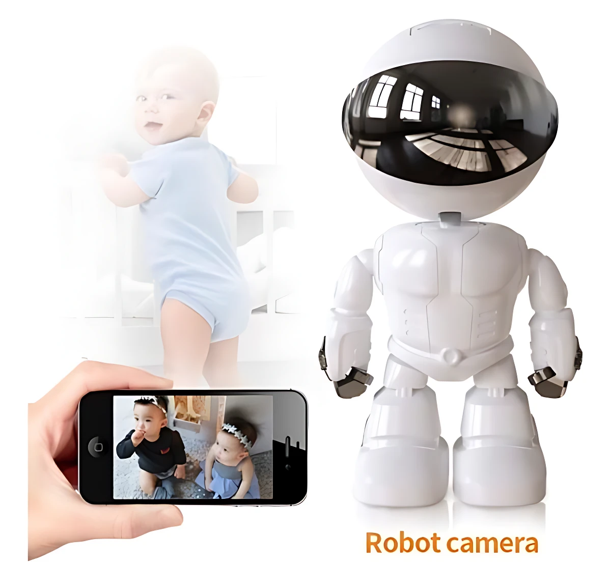 Robot blanco con pantalla negra en la cabeza, mostrando reflejo de ventanas. Incluye bebé en fondo y mano sosteniendo celular con dos niños en pantalla. Texto "Robot camera" en naranja abajo.