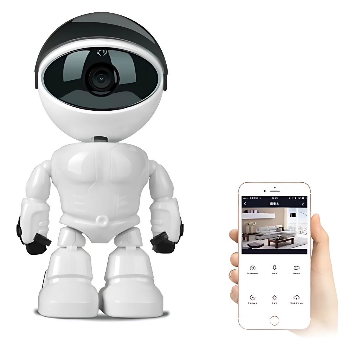 Robot blanco con cabeza esférica y cámara frontal, acompañado de smartphone mostrando interfaz de control remoto para vigilancia del hogar.